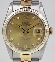 Gents Rolex Oyster Perpetual DateJust 18K/SS - Original Champagne Diamond-Set Dial 16233